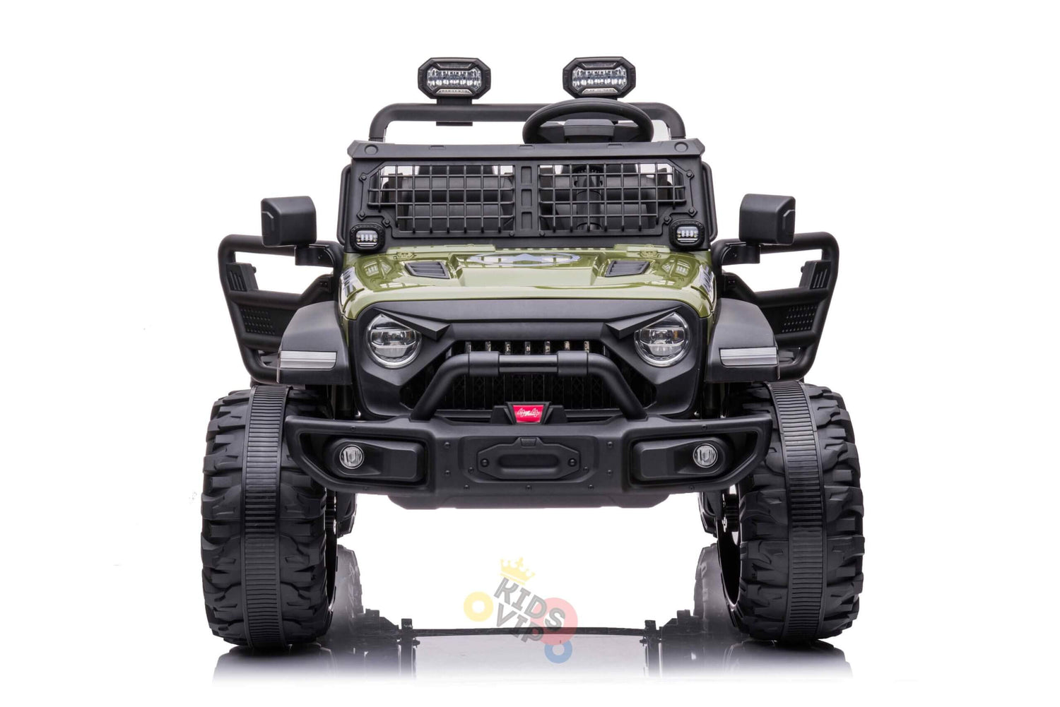 The Green 24V/4WD Xtreme Ride-On Truck features a rugged design with large black EVA wheels, realistic front grilles, headlights, overhead lights, and leather seats. This 2-seater kids truck includes a detailed bumper and mirrors and is set against a plain white background.