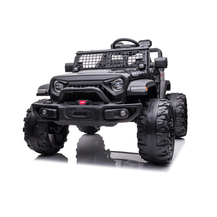 The Black 24V/2WD Xtreme Edition Ride on Truck features large rugged Eva wheels, leather seats, a detailed mesh grille, headlights, and decorative spotlights on a reflective surface, providing a realistic off-road appearance for this 2-seater toy Jeep.