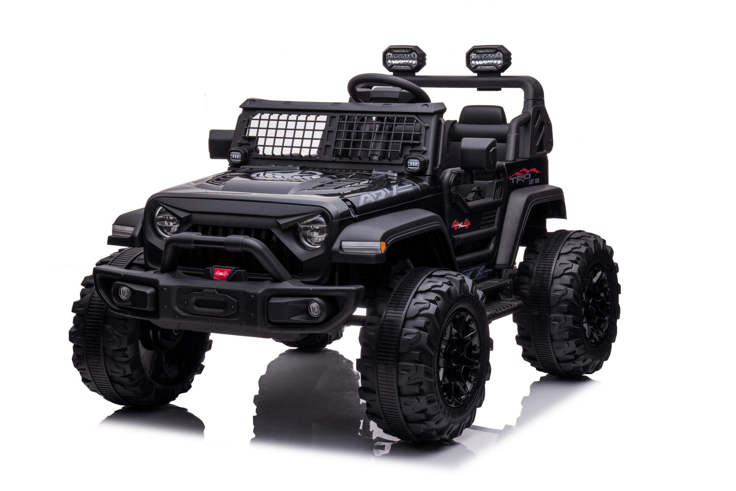 The Black 24V/2WD Xtreme Edition Ride on Truck boasts large Eva wheels, leather seats, a front grille, headlights, roll bars, and two top lights. This striking toy jeep stands out against a white background.