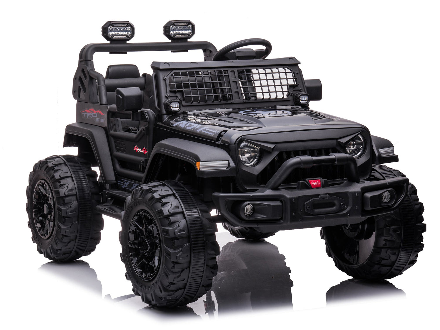 The Black 24V/2WD Xtreme Edition Ride on Truck from the Kids Ride on Truck collection has off-road EVA wheels, a detailed front grill, side mirrors, overhead lights, and leather seats. Proudly displayed on a reflective surface with a steering wheel inside, it’s perfect for adventurous little drivers!.