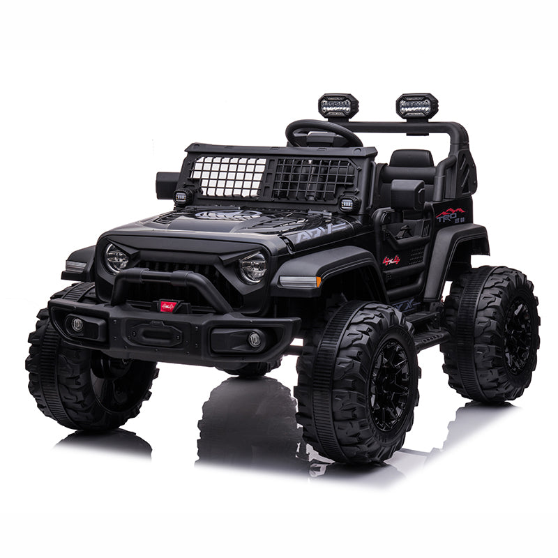 The Black 24V/2WD Xtreme Edition Ride-on Truck features EVA wheels, leather seats, off-road tires, side steps, roll bar lights, a mesh grille, detailed interior, and side decals. This rugged SUV-style toy is perfect for adventurous little drivers with its realistic 2-seater design.