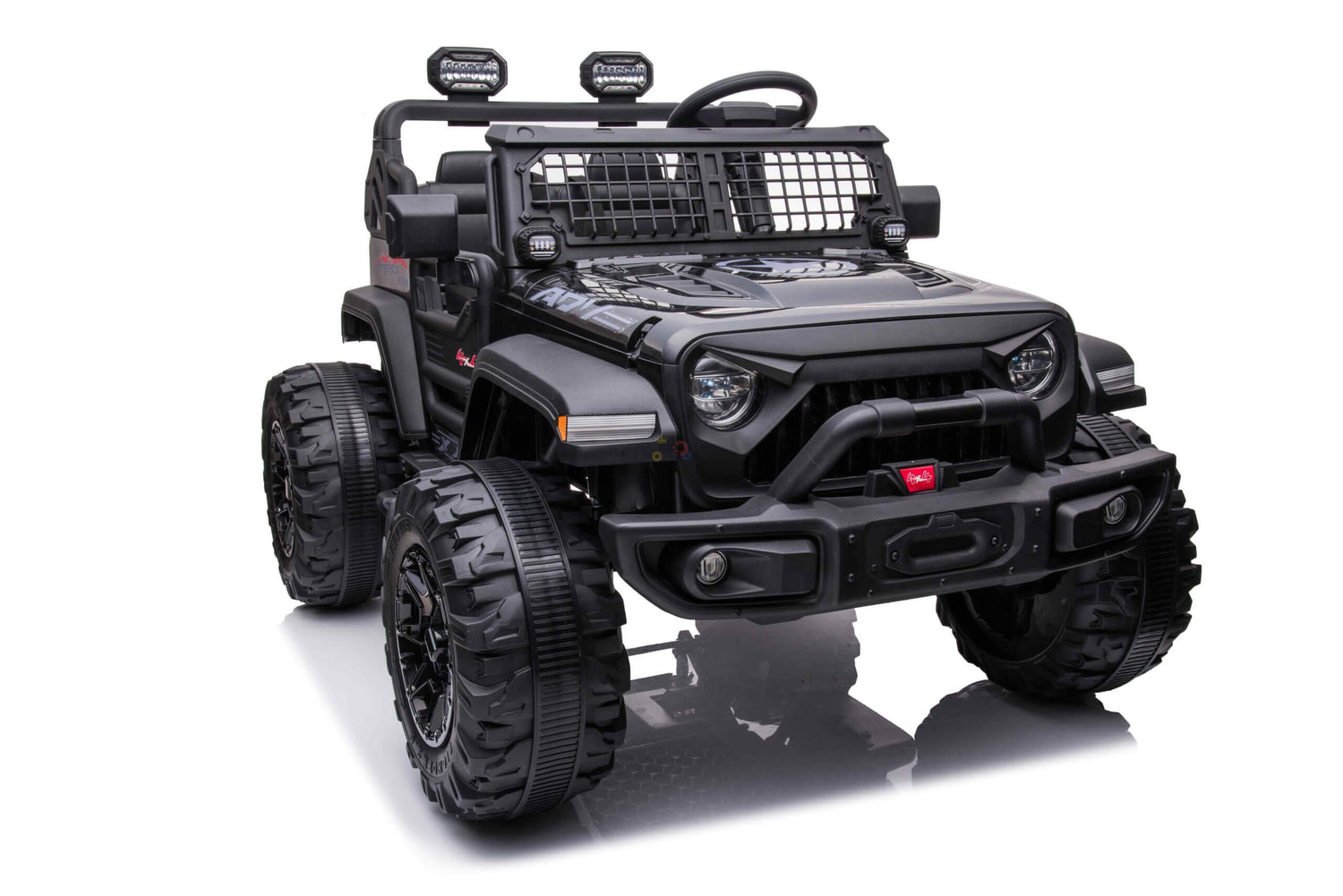 A rugged, black 24V/4WD Xtreme Ride on Truck with Eva Wheels and leather seats, featuring protective grills and dual front lights for a realistic off-road SUV look on a white background.