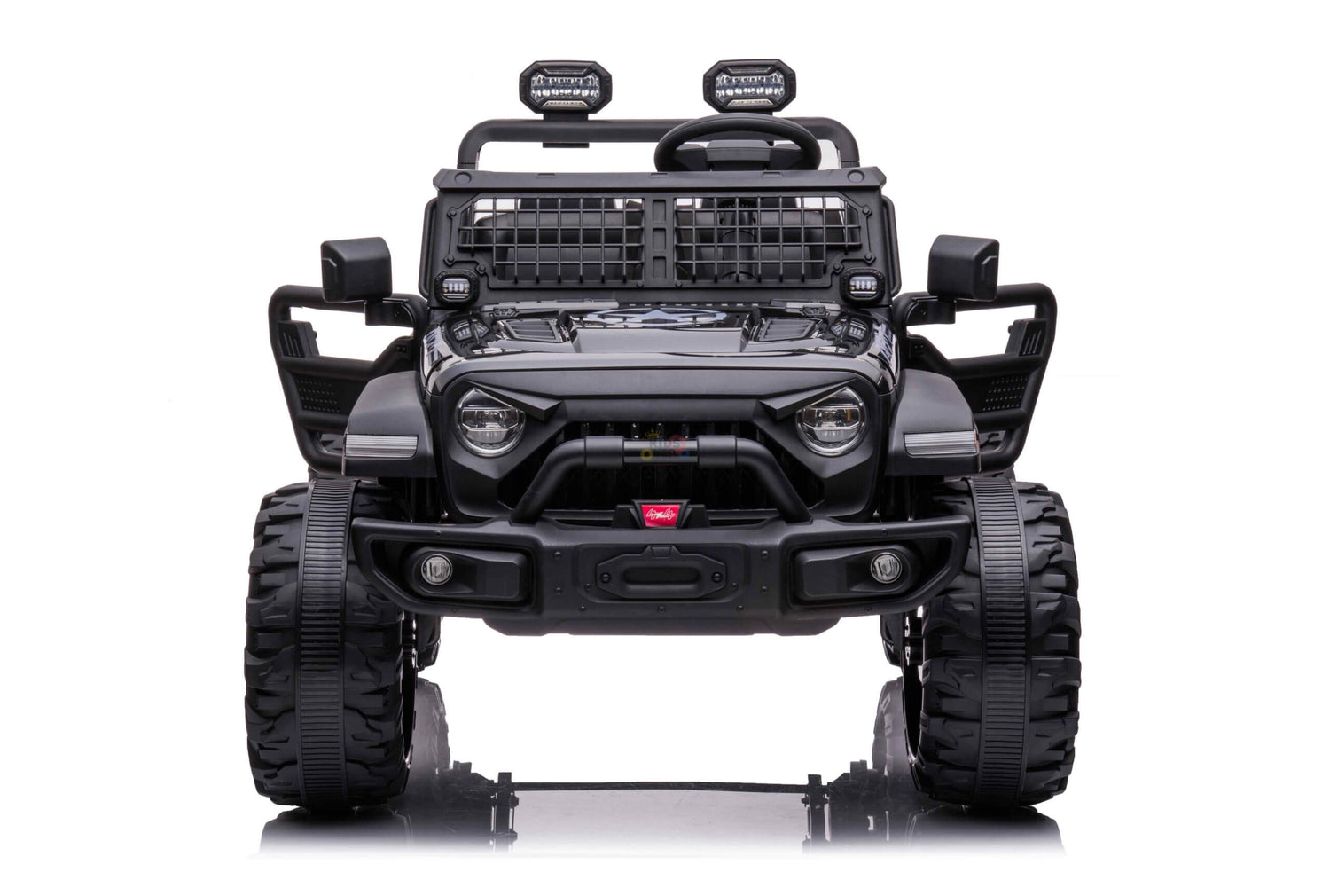 Front view of the Black 24V/4WD Xtreme Ride on Truck for kids, featuring large rugged EVA wheels, leather seats, a winch, grid-style windshield guards, roll bar lights, and side mirrors.