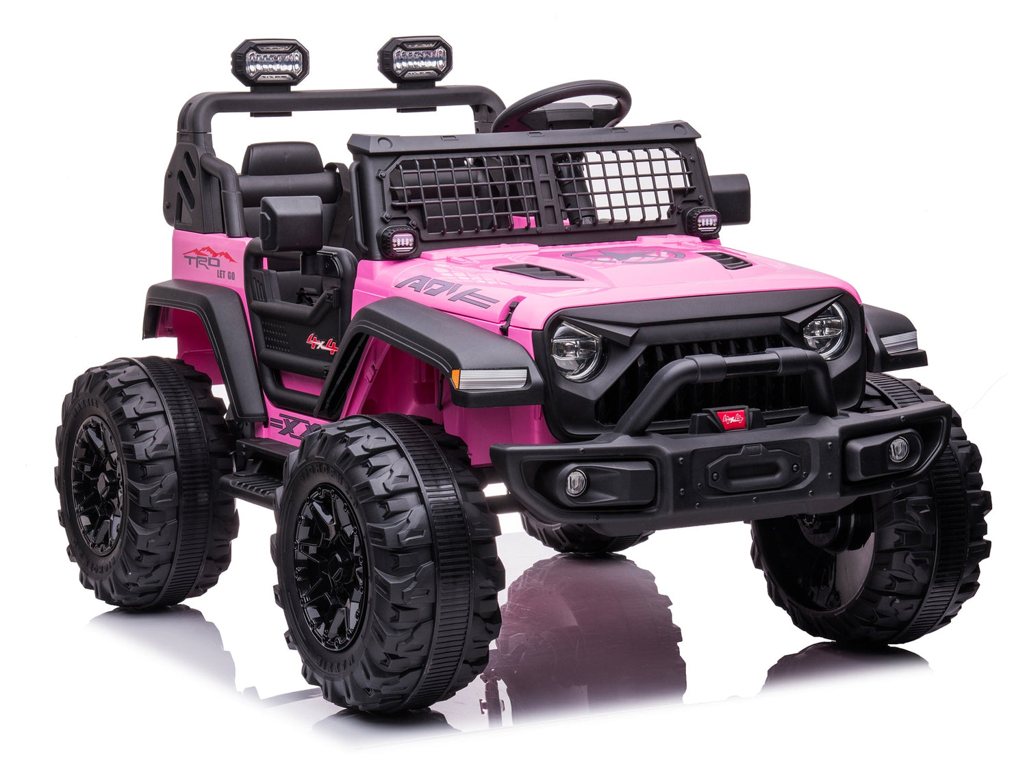 The Pink 24V/2WD Xtreme Edition Ride-on Truck features a pink off-road design, large black EVA wheels, realistic details like a front grille and roll bar, decorative top lights, and a 2-seater option for thrilling family adventures.