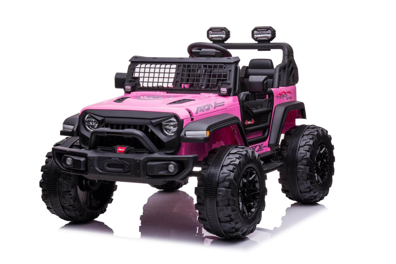 The Pink 24V/2WD Xtreme Edition Ride on Truck features a rugged off-road style with Eva wheels, front grille, and overhead lights. This 2-seater offers a realistic look, making it perfect for adventurous play.