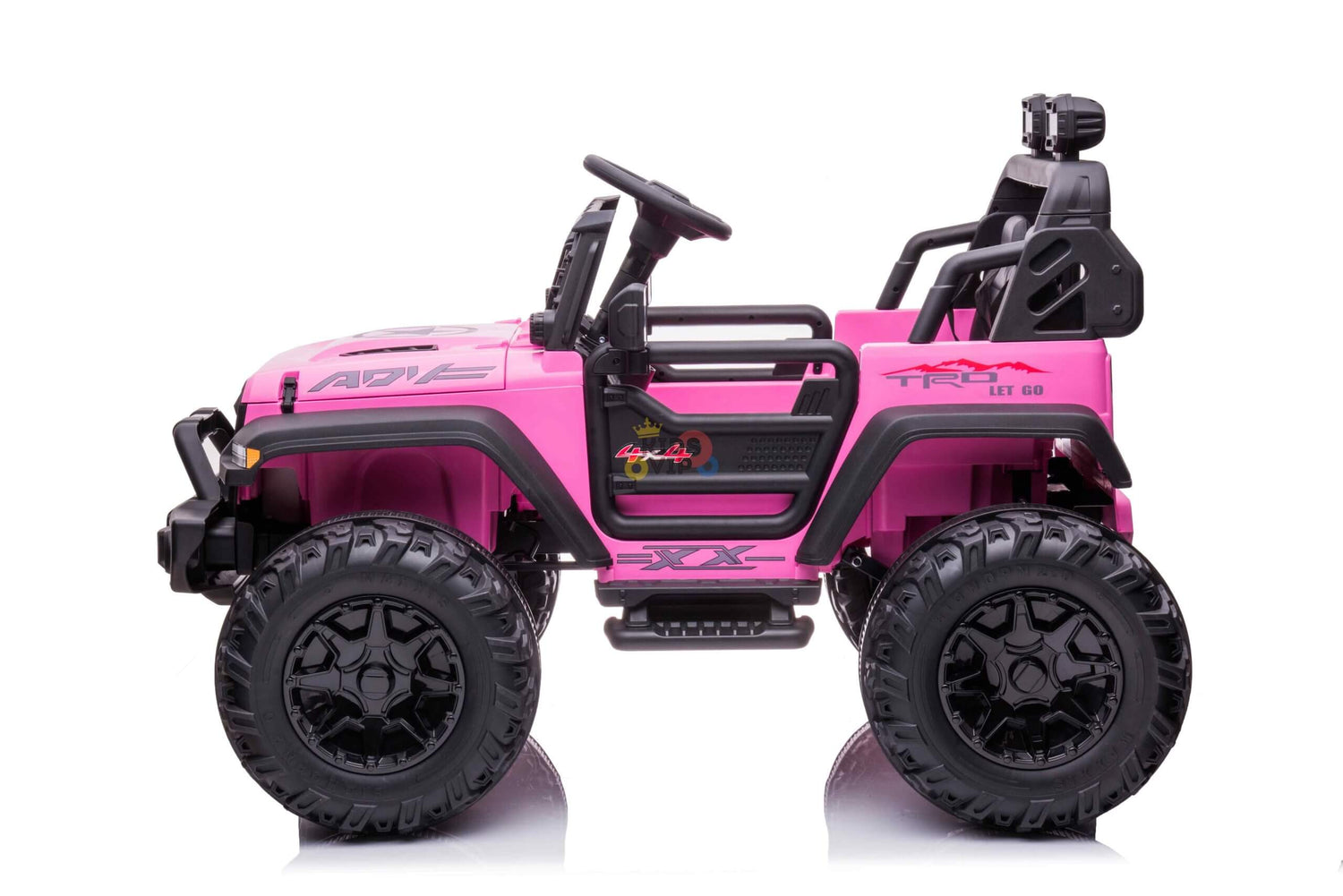 The Pink 24V/4WD Xtreme Ride on Truck features large black EVA wheels, a sleek black steering wheel, and leather seats. Its rugged off-road style and black decals make it perfect for adventurous play against a crisp white backdrop.