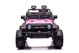 The Pink 24V/4WD Xtreme Ride on Truck, complete with Eva wheels and leather seats, showcases large black tires, a front grille, roof-mounted spotlights, and a sturdy bumper. Designed for kids play with rugged charm and safety features like a parental remote control. The jeep faces forward against a white backdrop.