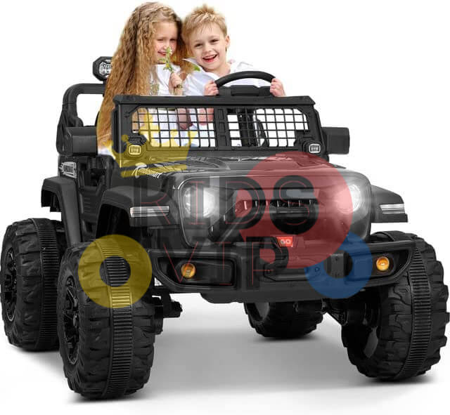 Two smiling children are in a Pink 24V/4WD Xtreme Truck with EVA wheels and leather seats. The boy steers while the girl holds a flower. This toy jeep with large wheels, protective grille, and KIDS VIP in colorful letters offers endless fun with its parental remote control feature.