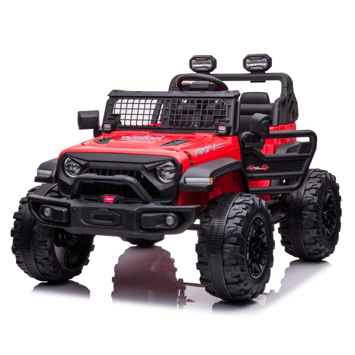 The Red 24V/4WD Xtreme Ride on Truck features Eva wheels, leather seats, rugged tires, and a roll bar. Designed for kids with realistic details like headlights, mirrors, and a windshield. This toy Jeep is red and black and sits on a white reflective surface.