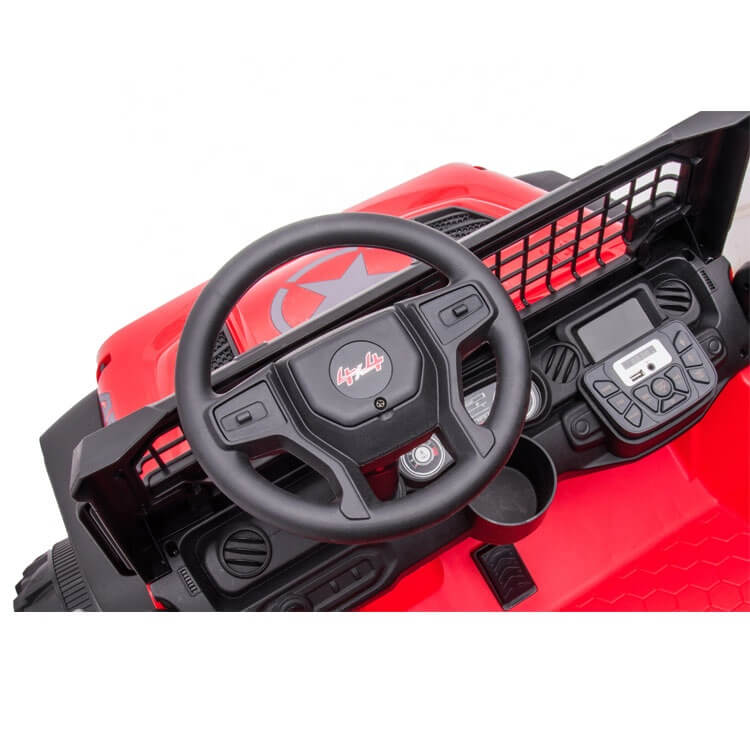 A top view of the Red 24V/2WD Xtreme Edition Ride on Truck showcases its steering wheel and red dashboard, featuring a central infotainment panel with buttons and screen. The scene is completed with Eva Wheels, a black protective grill, and a brand logo at the wheels center.
