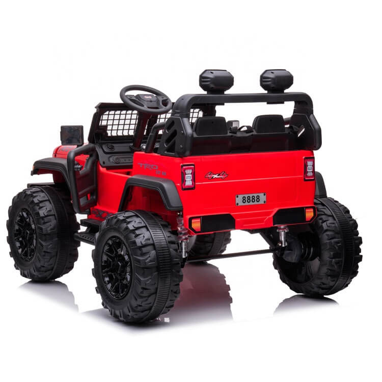 From a back angle, the red 24V/4WD Xtreme Ride on Truck, resembling a mini Jeep with two rear leather seats and large black Eva Wheels, is displayed against a white background. It features license plate number 8888.