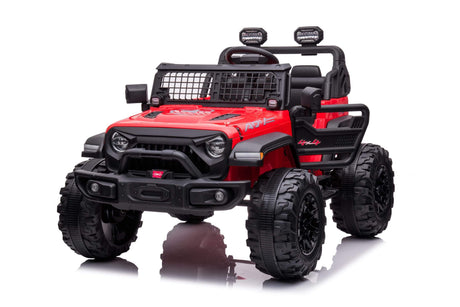 The Red 24V/2WD Xtreme Edition Ride On Truck, featuring large EVA wheels, leather seats, black details, a front grille guard, and dual roll bars with lights on top, resembles an off-road jeep and is displayed on a reflective white surface.