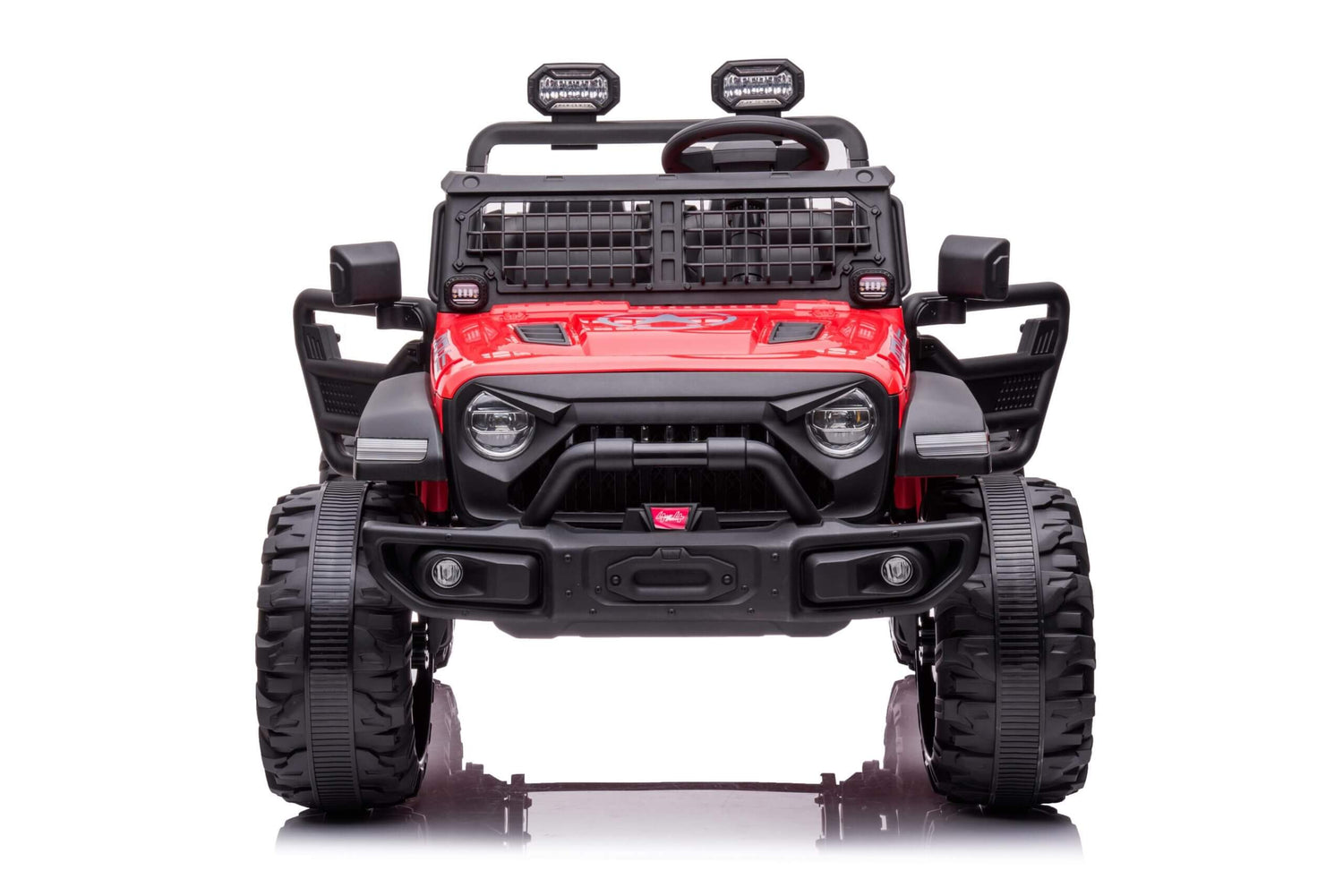 The Red 24V/4WD Xtreme Ride on Truck for kids features black Eva wheels, leather seats, a front grill, detailed accessories, headlights, mirrors, and roof-mounted lights to mimic a rugged off-road vehicle.