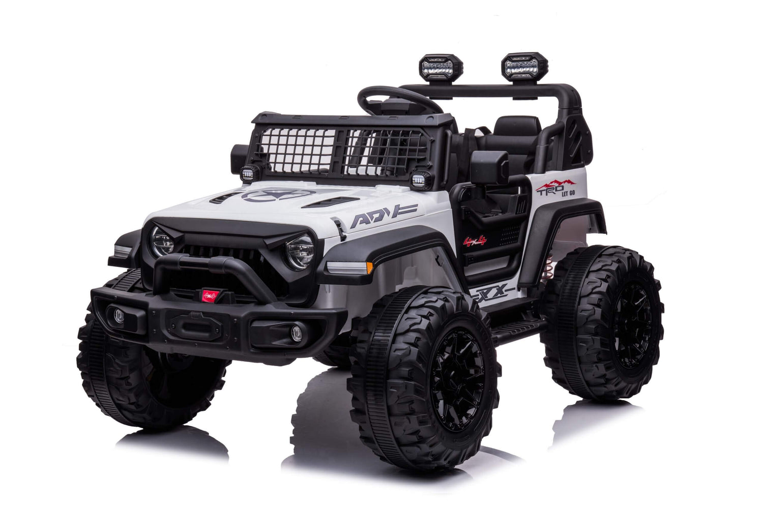 The White 24V/2WD Xtreme Edition Ride-on Truck, with EVA wheels and leather seats, features rugged roll bars, a front grille, lights, steering wheel, and hood logo. This two-seater is perfect for kids outdoor adventures.