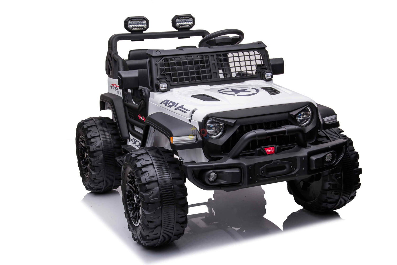 The White 24V/4WD Xtreme Ride-on Truck features a jeep-like design with rugged EVA wheels, large front grille, leather seats for two, decorative logos, overhead lights, and realistic detailing in white and black for thrilling imaginative play.