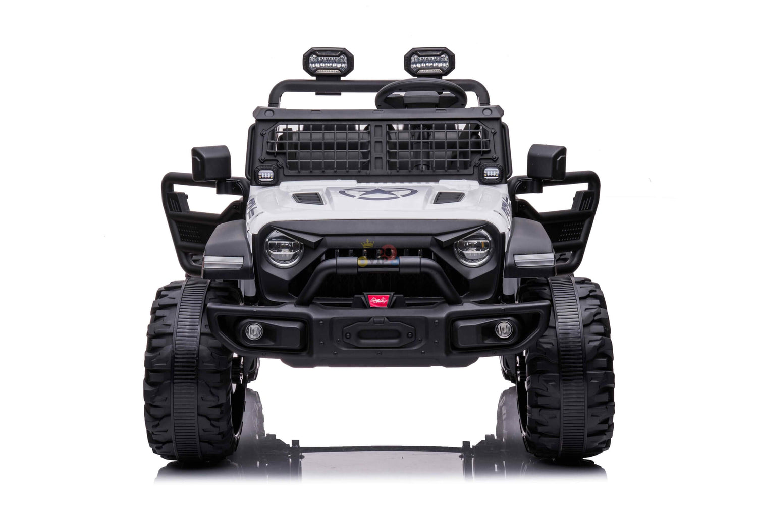 Front view of the gray White 24V/4WD Xtreme Ride on Truck with Eva Wheels, leather seats, mesh grille, and overhead lights. Perfect for adventurous play, stylishly positioned on a white background.