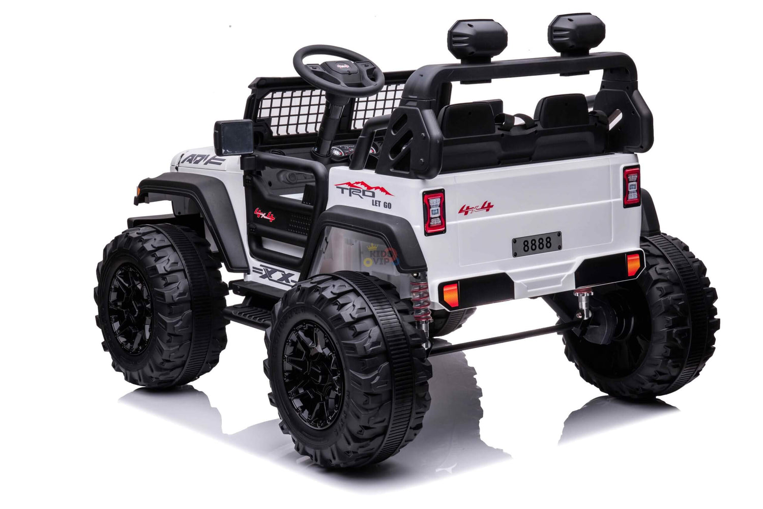 Introducing the 24V/4WD Xtreme Ride on Truck, a robust toy for adventurous kids. Featuring Eva Wheels, roll bars with headlights, a distinctive rear license plate numbered 8888, leather seats for two, and sleek black trim accents.
