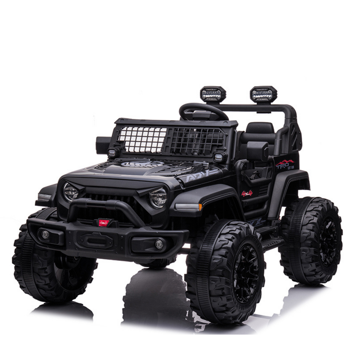 Meet the Black 24V/2WD Xtreme Edition Ride-on Truck: a sleek kids vehicle featuring Eva wheels, leather seats, off-road tires, mesh grille hood, overhead lights, side mirrors, and a roll bar. This realistic 2-seater is perfect for adventurous young explorers.