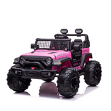 A Pink 24V/2WD Xtreme Edition Ride on Truck with large Eva wheels, roll bars, a front grill guard, headlights, mirrors, and a windshield is shown. This 2-seater jeep with leather seats is perfectly positioned facing forward on a reflective white surface.