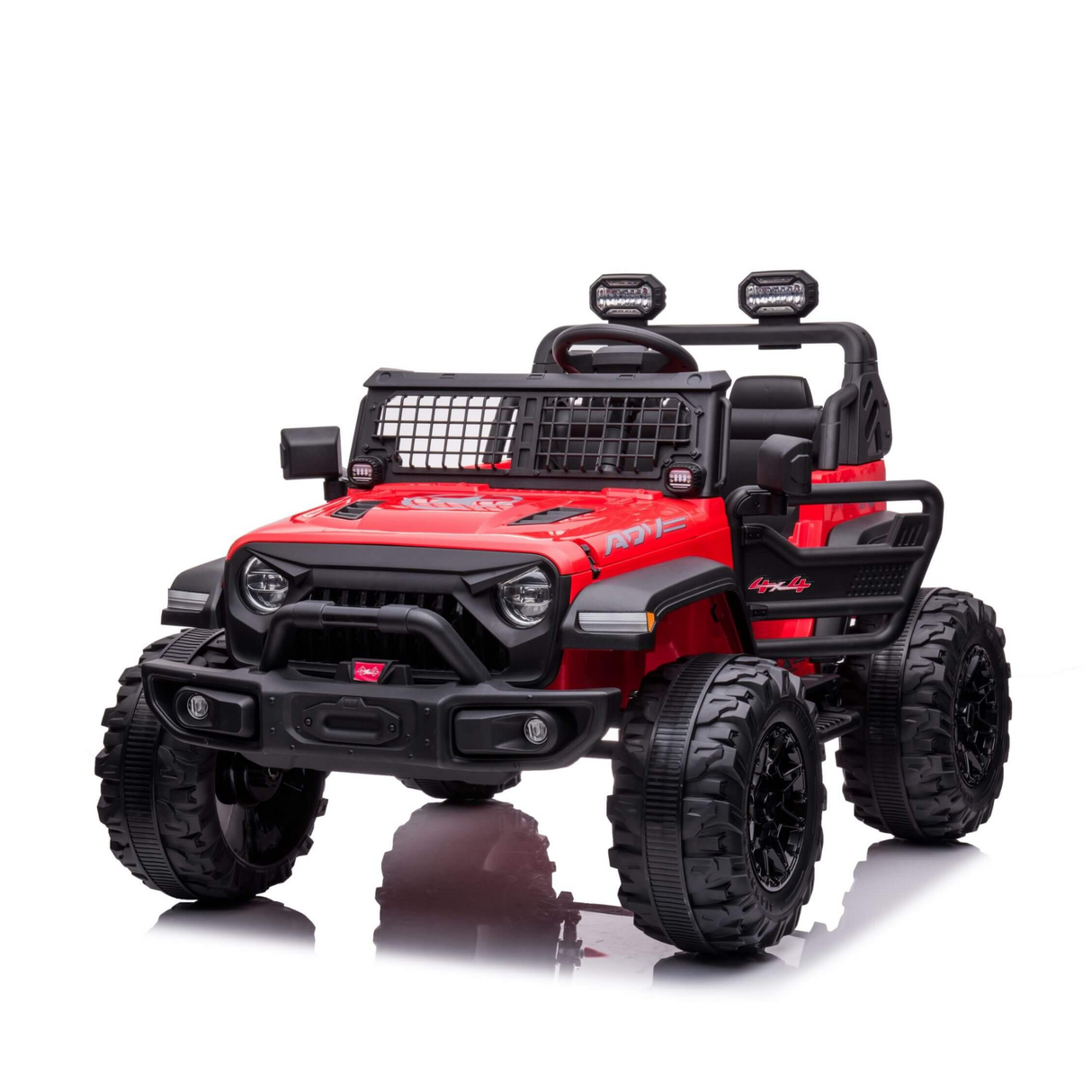 The Red 24V/2WD Xtreme Edition Ride-on Truck for kids, modeled like an off-road beast, features large treaded EVA wheels, a front grille guard, decorative roof lights, sporty decals, and a side step rail.