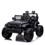 The Black 24V/4WD Xtreme Ride on Truck boasts rugged styling, large Eva wheels, a printed hood design, roof-mounted lights, leather seats for two, and working headlights for an adventurous kids ride.