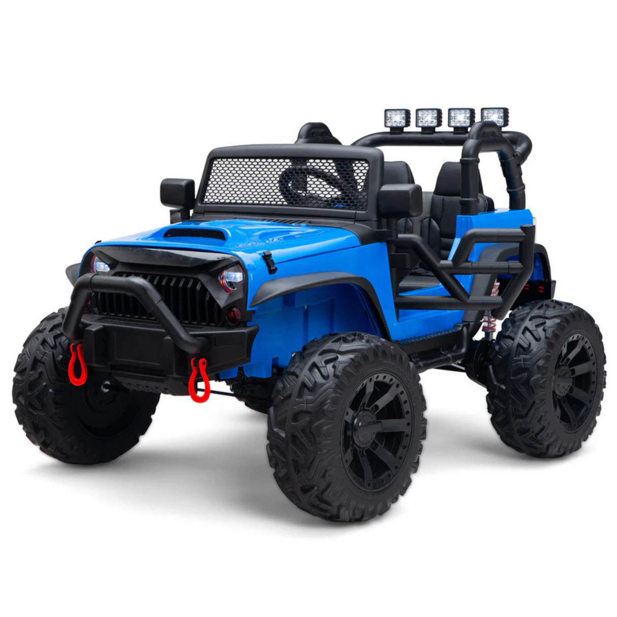 The Blue 24V EVA Big Wheels Kids Ride-On Truck, styled like an off-road Jeep, features rubber wheels, a front bumper, roll bar, and roof lights. This one-seater truck has open sides and comes with a remote for adventurous children.