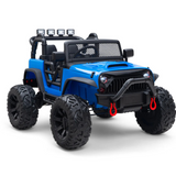 The Blue 24V EVA Big Wheels Kids 1 Seater Upgraded Ride On Truck features large black rubber wheels, headlights on the grille, roof roll bar lights, red tow hooks, and an open off-road design for adventurous play.