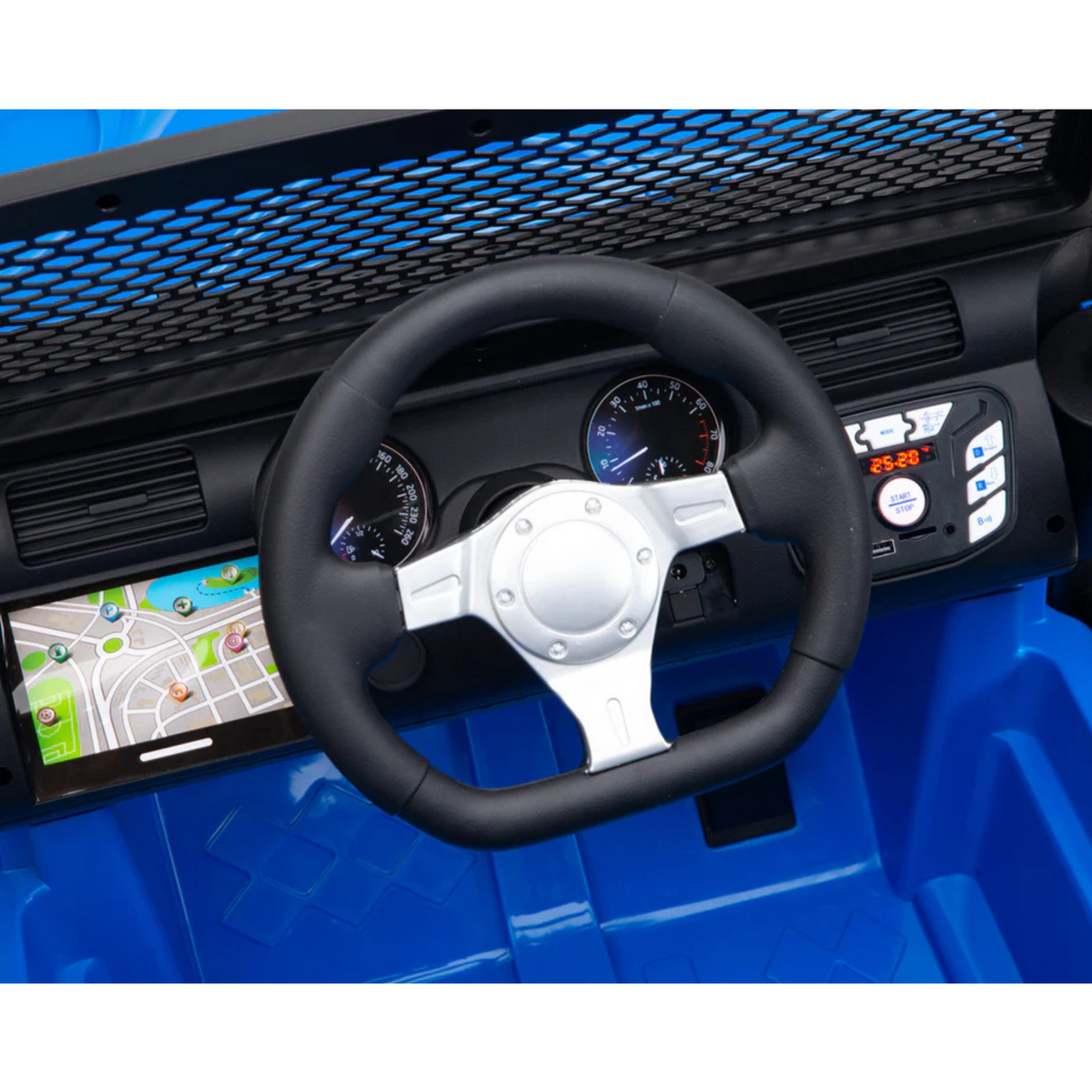 A close-up of the Blue 24V EVA Big Wheels Kids Ride On Truck shows a toy car dashboard with a steering wheel, realistic speedometer gauges, and GPS screen map display. The blue setup features control buttons, mirroring an actual vehicle.