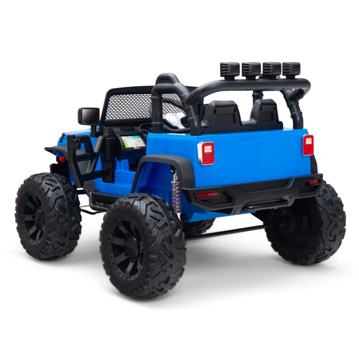 The Blue 24V EVA Big Wheels Kids 1 Seater Ride On Truck features a design inspired by off-road vehicles, with oversized black rubber wheels, rear roll bars with lights, a small seat, and a front windshield. Perfect for indoor and outdoor fun adventures.