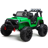 The Green 24V EVA Big Wheels Kids 1 Seater Upgraded Ride On Truck features large rubber wheels, red towing hooks, and a comfortable leather seat. It includes a front grille, roll bars with lights on top, and open doors for a genuine off-road experience.