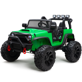The Green 24V EVA Big Wheels Kids 1 Seater Upgraded Ride On Truck features large rubber wheels, red towing hooks, and a comfortable leather seat. It includes a front grille, roll bars with lights on top, and open doors for a genuine off-road experience.