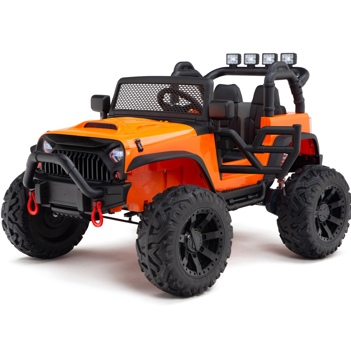 The Orange 24V EVA Big Wheels Kids 1 Seater Upgraded Ride On Truck features large black rubber wheels, red tow hooks, a front grille, and roll cage. With four overhead lights and remote control capability, it resembles a rugged all-terrain jeep ready for adventure.