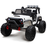 The White 24V EVA Ride-On Truck for kids features big rubber wheels, a black grille, red accents, roll cage, side mirrors, and four roof spotlights. Its rugged off-road SUV design includes large off-road tires and a remote control.