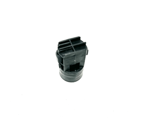 Close-up of a black automotive sensor resembling the High-Quality 24v Range Rover HSE Steering Cog: Enhance Performance & Precision, with a cylindrical base and grid-like top, isolated on a white background.