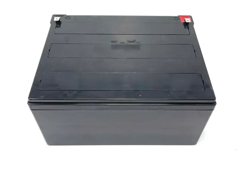 The Power Up Your Ride: 24V 10AH Battery for Cars, ATVs, Buggies, and UTVs is a large rectangular battery featuring two top-side terminal posts (one red, one black) against a white background, ideal for ATVs and ride-on cars.