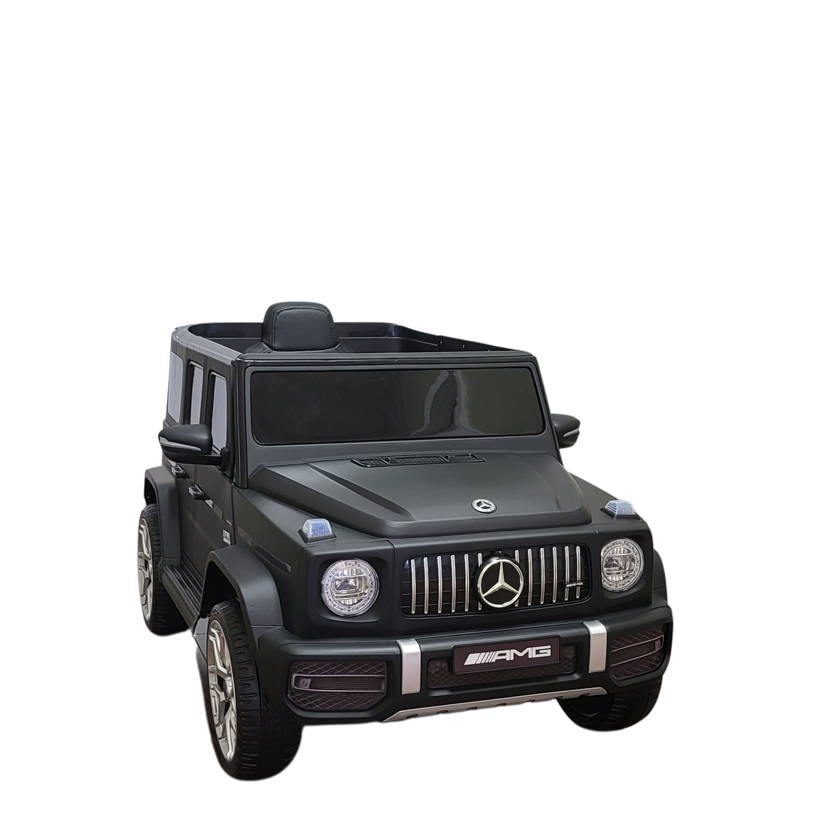 The Limited 12V Matte Edition Mercedes-Benz AMG G63 Kids Ride-On Truck is a toy model with realistic details like a chrome grille, silver side mirrors, branded logos, and four wheels, providing children an upgraded technological experience.