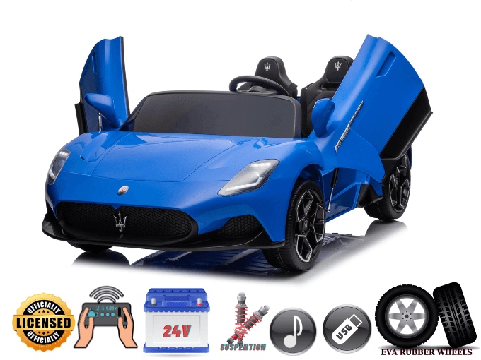 Experience Luxury: Blue XXL 24V /105W Maserati MC20 | Premium 2-Seater with RC, Leather Seats & Rubber Tires