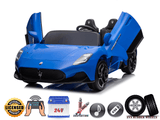 The Experience Luxury Blue XXL 24V/105W Maserati MC20 is a premium 2-seater childrens ride-on sports car with scissor doors, licensed logos, RC control, leather seats, suspension, music feature, USB port, and EVA rubber tires.