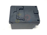 A rectangular black plastic box with a top handle and two holes on the right side, resembling the compact design of a Removable Battery Pack for 24V Dune Buggy with 2x12v batteries, rests on a white background.