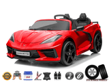 The Kids Premium 24V Red Corvette C8 toy car, featuring dual-seater leather seats and EVA rubber wheels, offers music capability and a parent remote control. Icons below the car depict its key specifications.