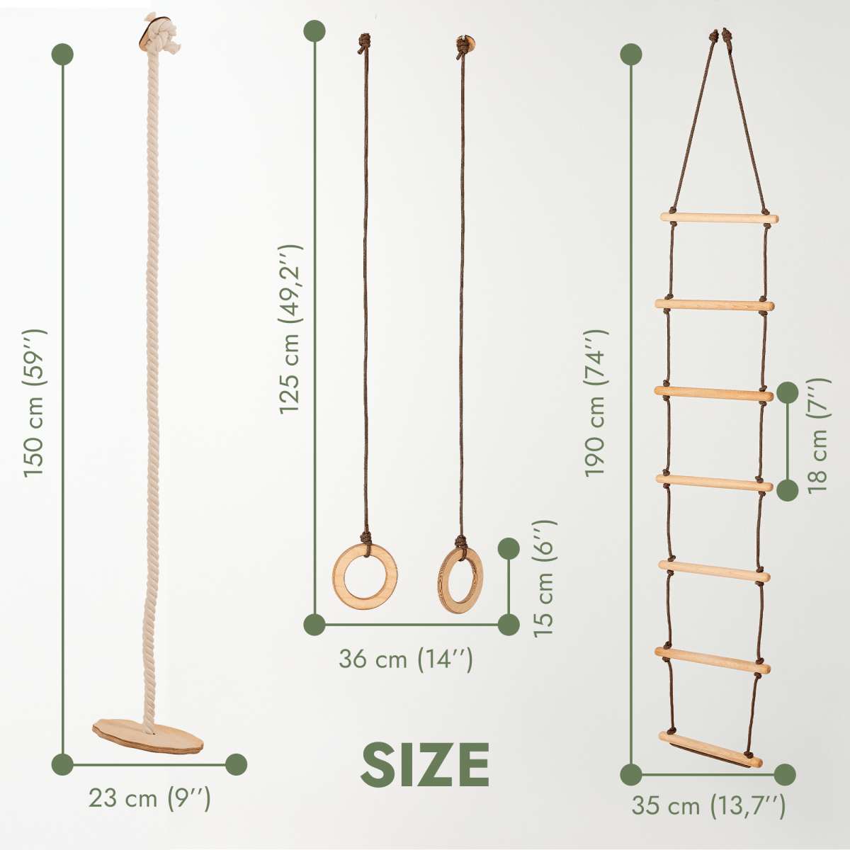 3in1 Swing & Climbing Set: Rope Ladder, Gym Rings & Disc Swing