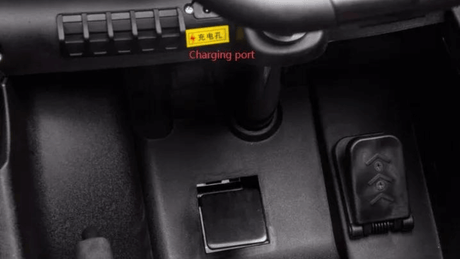 Inside the dark interior, the sleek Lamborghini SV Limited XXL Edition features a Charging port area with buttons, eco-leather seats, and a whisper-quiet brushless motor.
