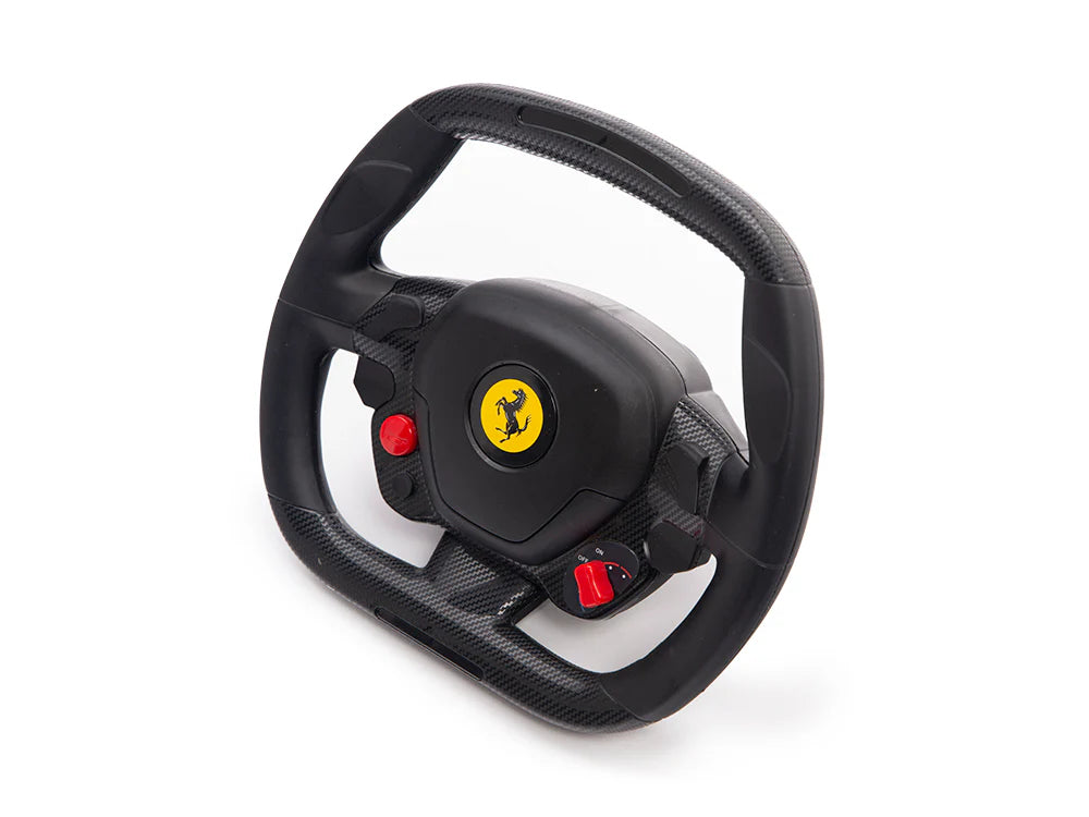 The 12V LaFerrari Steering Wheel, inspired by the iconic racing wheel, showcases a yellow prancing horse logo at its center and includes red buttons on the left and bottom right, offering a realistic driving experience for video games or simulators.