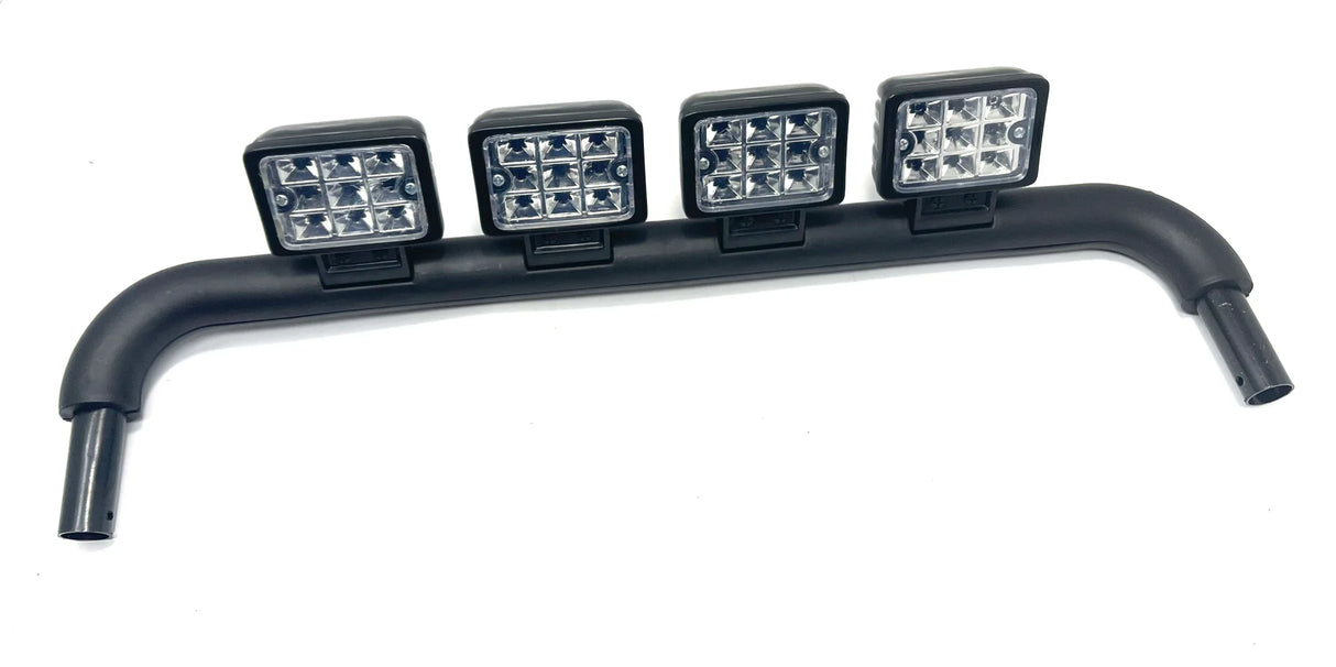 The 12V 888 Light Bar is a stylish black metal bar with angled ends for easy attachment to vehicles or ride-on cars. It includes four square LED lights with numerous small bulbs for improved visibility in any condition.