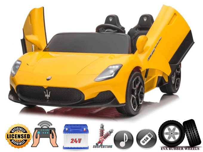 Experience Luxury: Yellow XXL 24V /105W Maserati MC20 | Premium 2-Seater with RC, Leather Seats & Rubber Tires