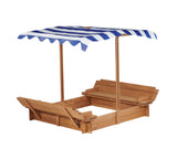 Kids Sandbox with Adjustable Cover, 46'' Wooden Sand Box with 2 Foldable Bench Seats, Outdoor Sandpit for Backyard Play