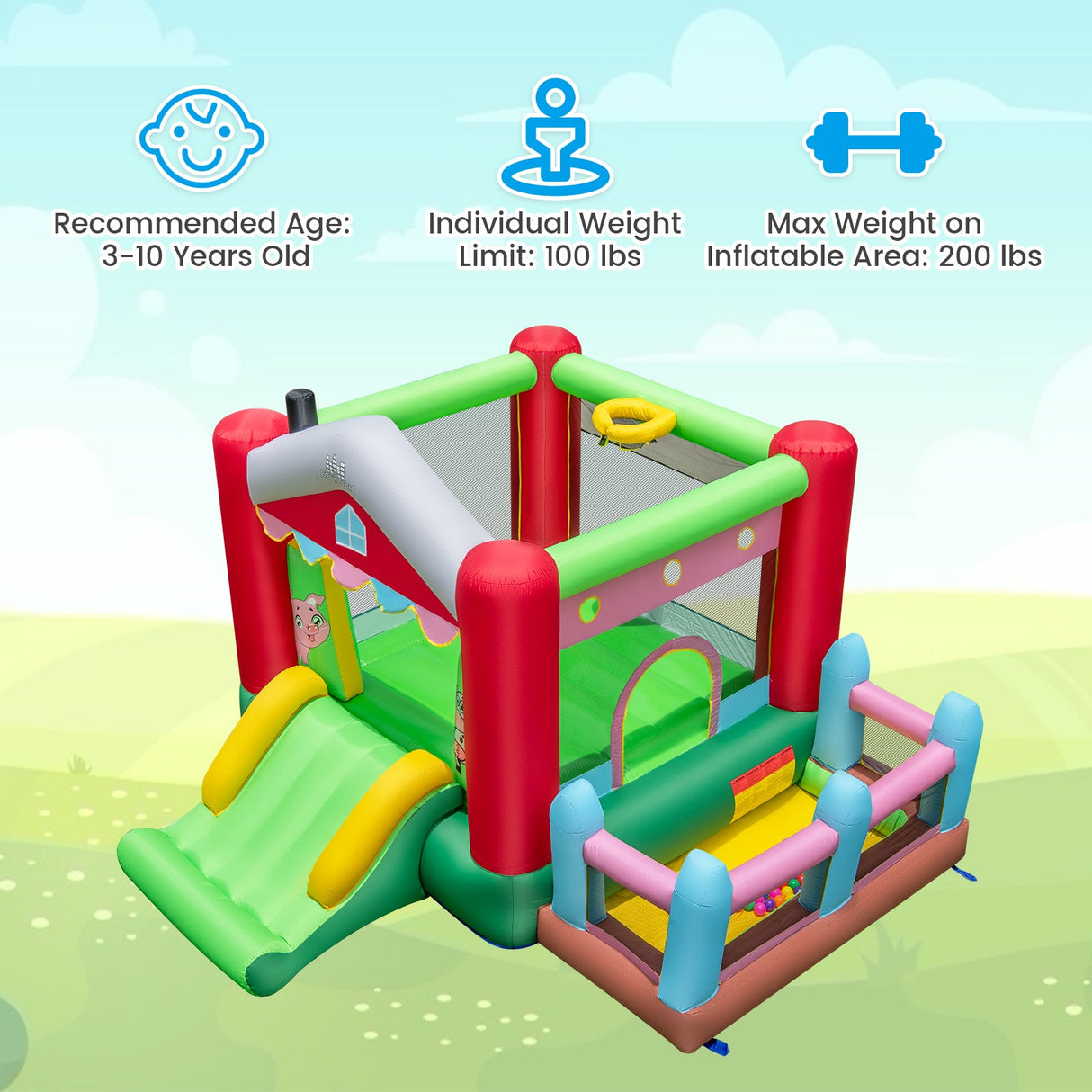 4-in-1 Inflatable Bounce House with Basketball Hoop and 480W Blower