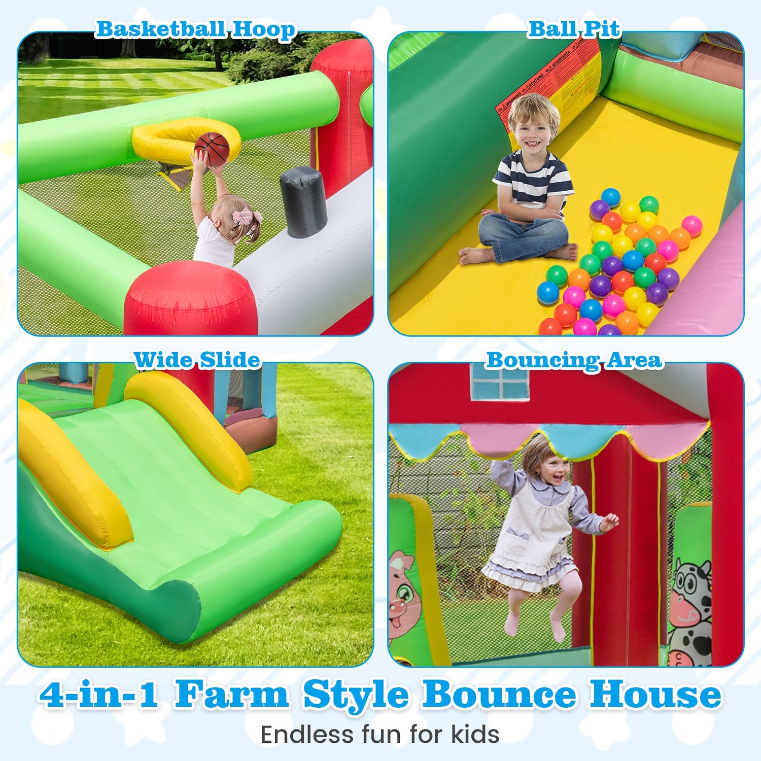 4-in-1 Inflatable Bounce House with Basketball Hoop and 480W Blower