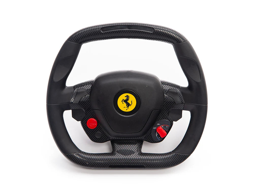 The 12V LaFerrari Steering Wheel is designed for gaming in sleek black with a central yellow and black logo. Red buttons on either side and a textured grip enhance this stylish replacement part, set against a white background, exuding luxury and precision.