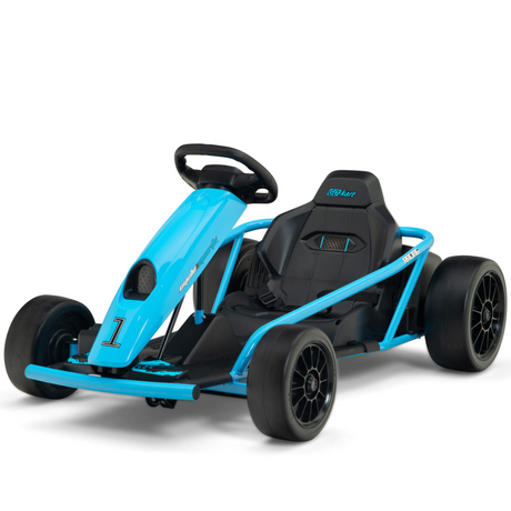 The Pink 24v Sport Challenger Drifting Go Kart features a sleek design with a black seat, large black tires, and a sporty steering wheel. It boasts powerful 24V motors and the number 1 on the front panel, making it ideal for young thrill-seeking racers.